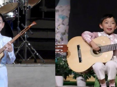 The real photo (left) is from a show at the Children's Palace in Pyongyang.