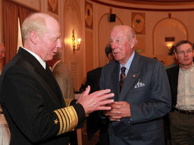 Adm. Robert F. Willard, Commander, U.S. Pacific Command, speaks with former Secretary of State George Shultz at the World Affairs Council Sept. 14, 2011 (Photo by Michael Mustacchi).