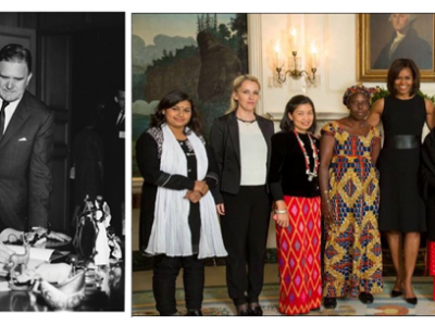 The first families have always been great supporters of international exchange programs. The photo on the left depicts Eleanor Roosevelt's visit to Meridian. On the right, First Lady Michelle Obama meets the 2015 International Women of Courage.