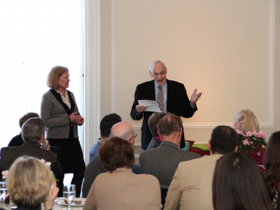 Frank Lennox recites his send-off poem at Paula's retirement party.