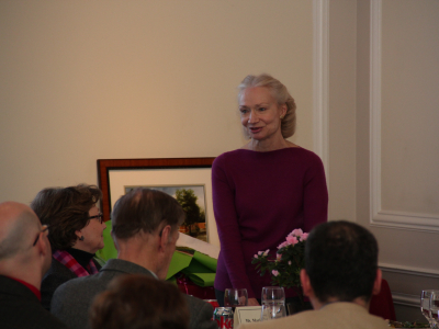 Paula Manganelli makes a speech at her retirement party.