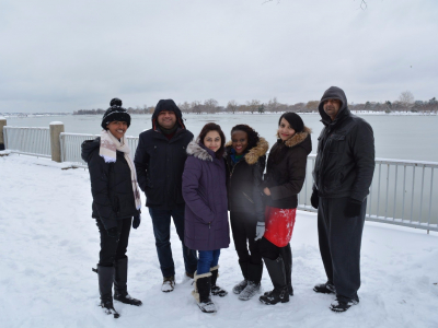 Fellows having fun after snowstorm at Southwest Waterfront.