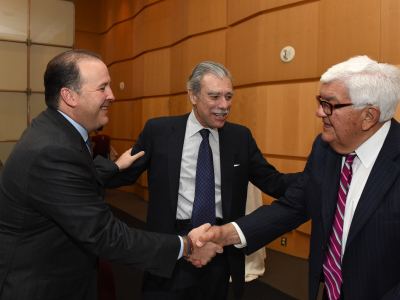 Meridian Chairman Secretary Carlos Gutierrez introduces Ambassador Emanuel Gonzalez-Revilla of Panama and Ambassador Tom Korologos, former U.S. Ambassador to Belgium