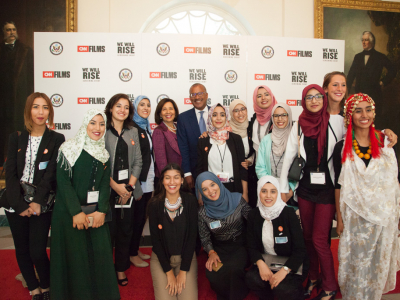 Karima poses with Ambassador Dwight L. Bush, U.S. Ambassador to Morocco, Mrs. Toni Bush, and her fellow Let Girls Learn participants at the White House on International Day of the Girl.