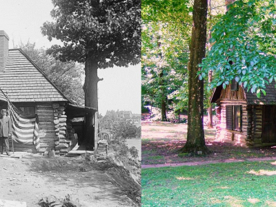 The Joaquin Miller Cabin with its owner in 1884 on its original location on Meridian Hill and today in Rock Creek ParkThe Joaquin Miller Cabin with its owner in 1884 on its original location on Meridian Hill and today in Rock Creek Park