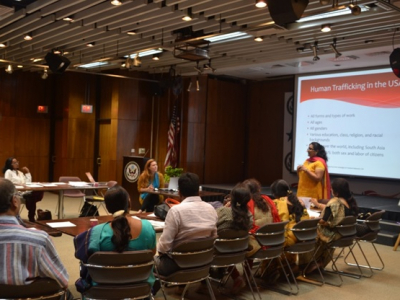 Tiffany Williams, National Coordinator, National Domestic Workers Alliance engaging with audinces in Hyderabad