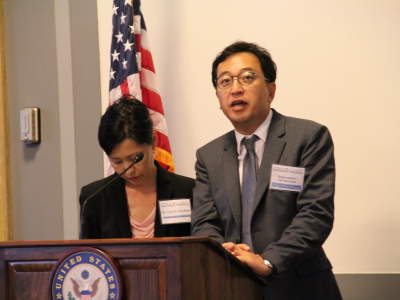 Representative Tae Sup Keum, Member of the 20th National Assembly of Korea addressing participants in the program and guests attending a reception marking the 36th Anniversary of the U.S. Congress – Republic of Korea National Assembly Exchange Program.