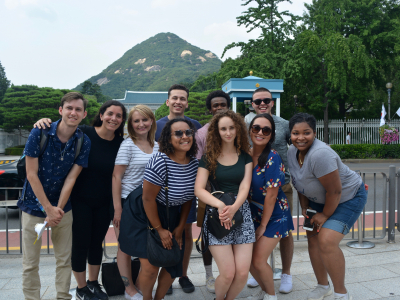 The American participants in front of the Blue House, the Korean Executive Mansion. Jarret is second from the left.