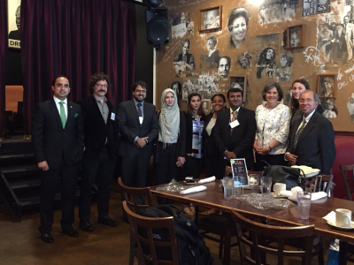 IVLP participants at the opening luncheon with Renée Worthington (Meridian) and Carlos Aranaga (State Department)