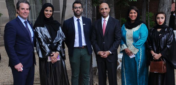 Ambassador Stuart Holliday, Maitha Al Mehairbi, Khalid Mezaina, Ambassador Yousef Al Otaiba, Noor Al Suwaidi and Zeinab Al Hashemi at the unveiling of Past Forward: Contemporary Arts from the Emirates at Meridian International Center on June 21, 2014