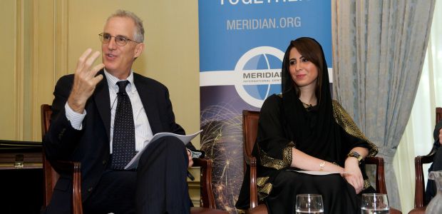 Moderator, Dr. Curtis Sandberg, with Dana Al Marashi, Head of Heritage and Social Affairs Department at the UAE Embassy.