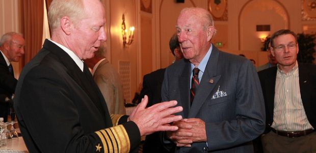 Adm. Robert F. Willard, Commander, U.S. Pacific Command, speaks with former Secretary of State George Shultz at the World Affairs Council Sept. 14, 2011 (Photo by Michael Mustacchi).