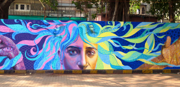 The Gender Equality mural painted by Joel Bergner, Krishna Sharma, and students from Sophia College
