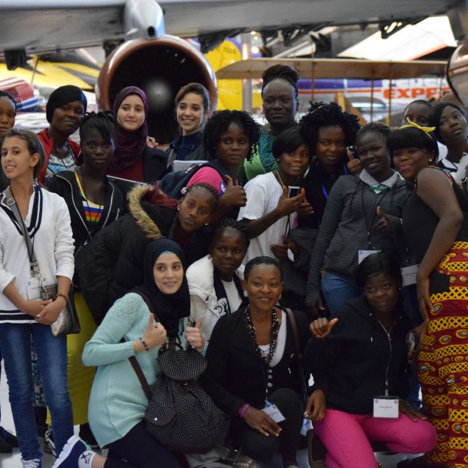 Massa and her colleagues on the Let Girls Learn Exchange Program, visiting the Steven F. Udvar-Hazy Air and Space Museum.
