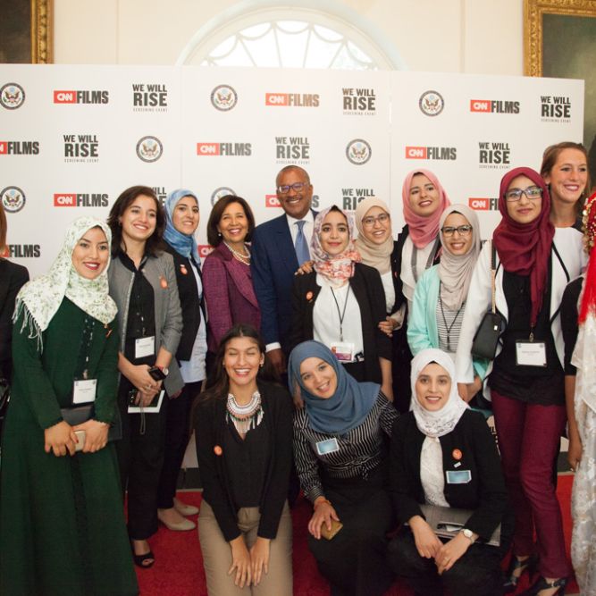Karima poses with Ambassador Dwight L. Bush, U.S. Ambassador to Morocco, Mrs. Toni Bush, and her fellow Let Girls Learn participants at the White House on International Day of the Girl.