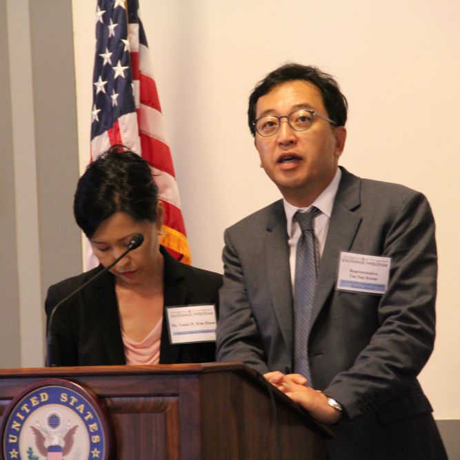Representative Tae Sup Keum, Member of the 20th National Assembly of Korea addressing participants in the program and guests attending a reception marking the 36th Anniversary of the U.S. Congress – Republic of Korea National Assembly Exchange Program.