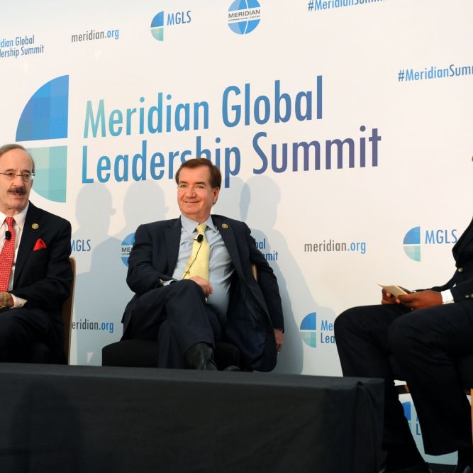 Congressmen Eliot Engel (D-NY) and Ed Royce (R-CA), current and former Chairman of the House Foreign Affairs Committee, respectively, discuss "Why Foreign Policy Matters" from a U.S. Leadership perspective with Meridian Trustee Alonzo Fulgham.