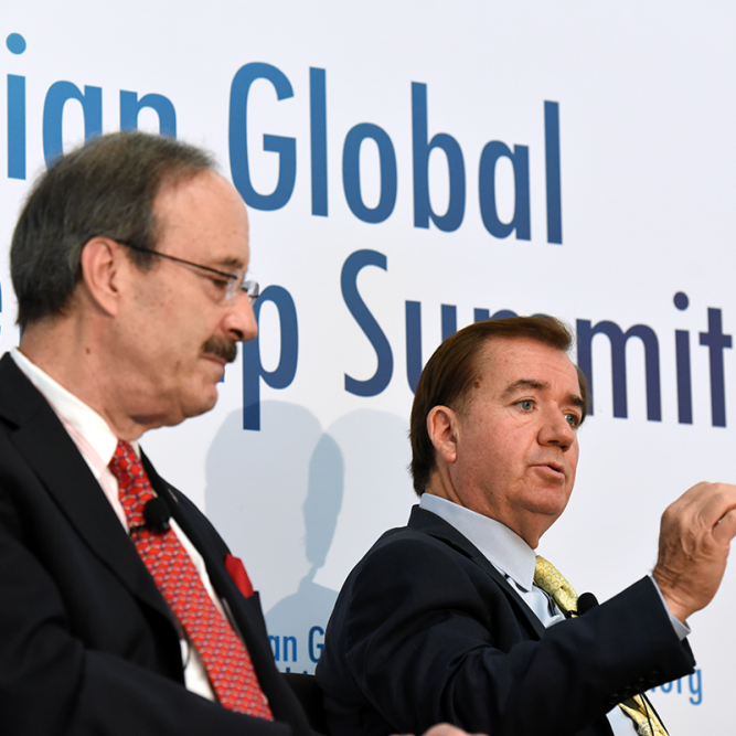 Congressmen Eliot Engel (D-NY) and Ed Royce (R-CA) on stage at the 2015 Meridian Global Leadership Summit.