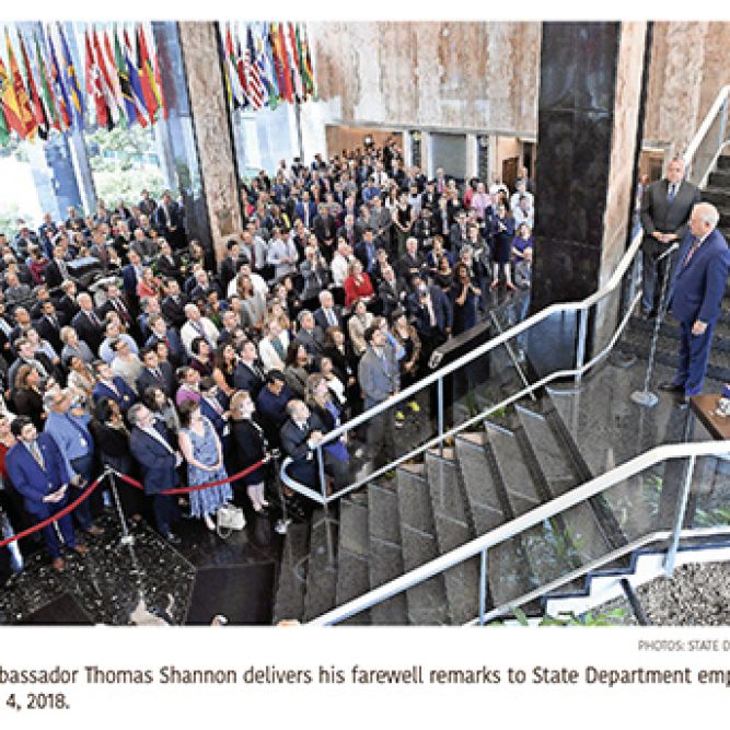 U.S. Ambassador Thomas Shannon delivers his farewell remarks to State Department employees on June 4, 2018. Photo Credit: State Department