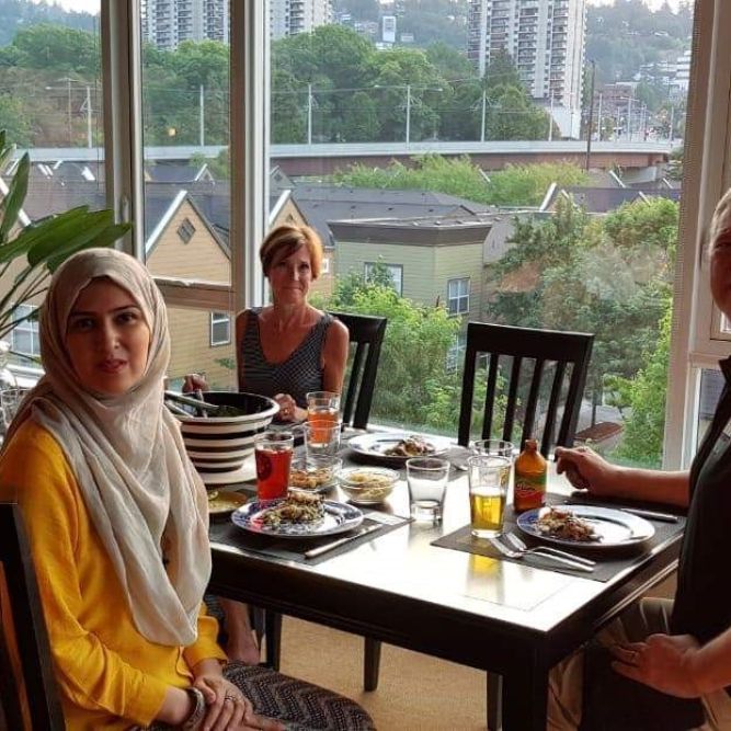 IVLP participants Asim Ayub and Sadaf Usman enjoying a lovely meal at Home hospitality in Portland Oregon with MP Mills and Amie Abbot