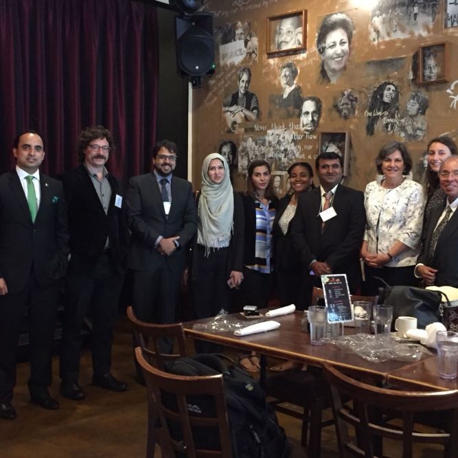 IVLP participants at the opening luncheon with Renée Worthington (Meridian) and Carlos Aranaga (State Department)