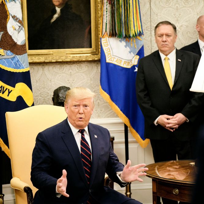 President Trump speaking to reporters Wednesday in the Oval Office | Photo courtesy of the NYT.
