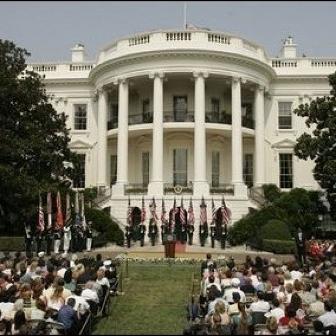 President George W. Bush addresses guests on the South Lawn of the White House, Friday, Sept. 9, 2005, during the 9/11 Heroes Medal of Valor Award Ceremony, and to honor the courage and commitment of emergency services personnel who died on Sept. 11, 2001. White House photo by Paul Morse