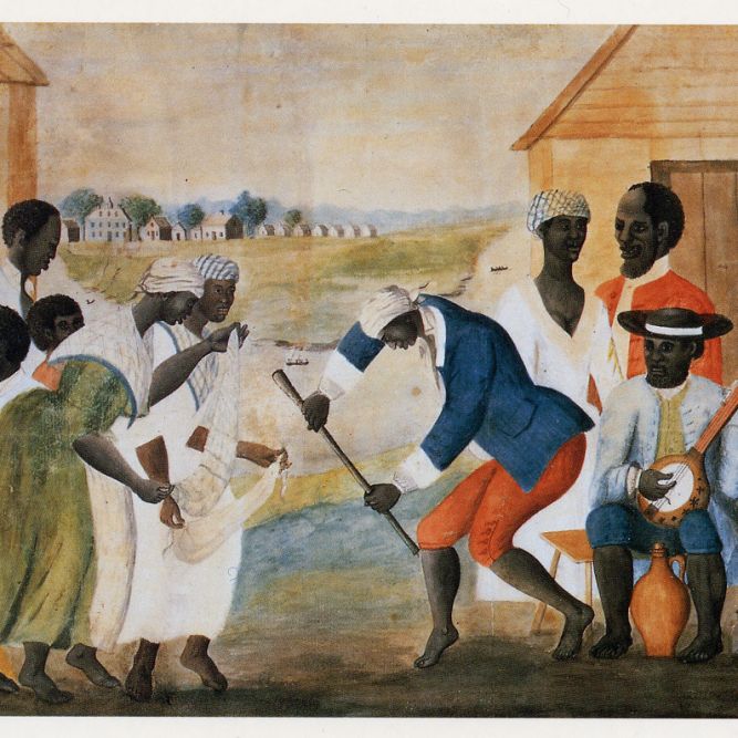 The 18th-century painting, The Old Plantation, includes a man playing a gourd banjo decorated with religious symbols. John Rose http://hitchcock.itc.virginia.edu/SlaveTrade/collection/large/NW01, via Wikimedia Commons