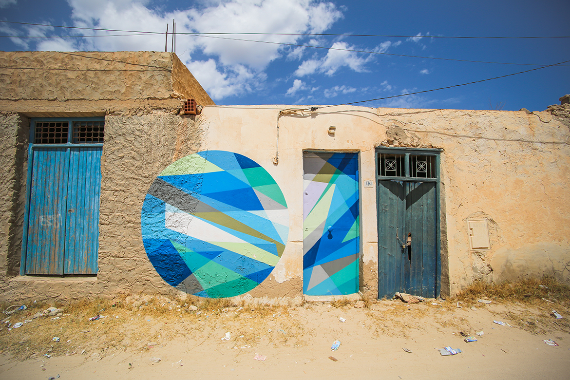 A piece by Russian street artist, Wais1, for the Djerbahood project in the village of Er-Riadh on the island of Djerba; Credit: Galerie itinerrance/Aline Deschamps
