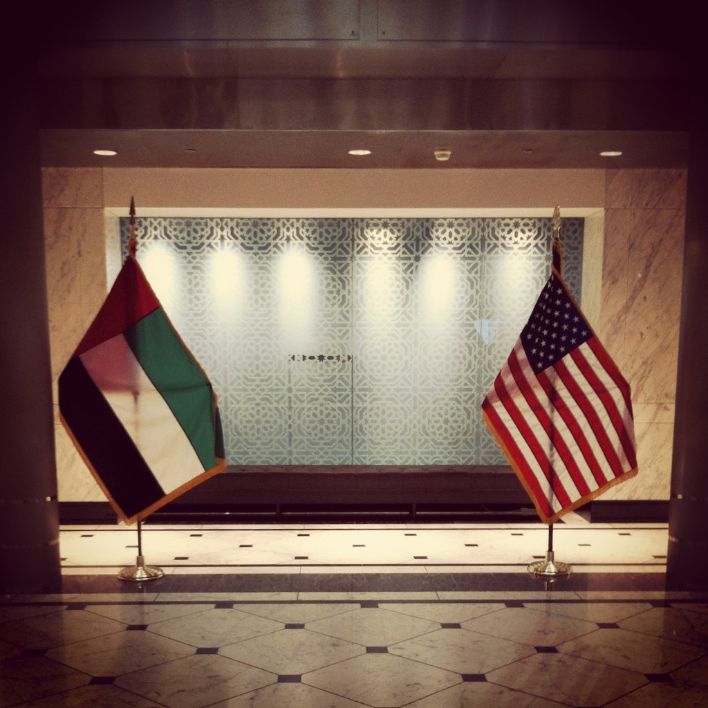 The UAE and US flags at the UAE Embassy.