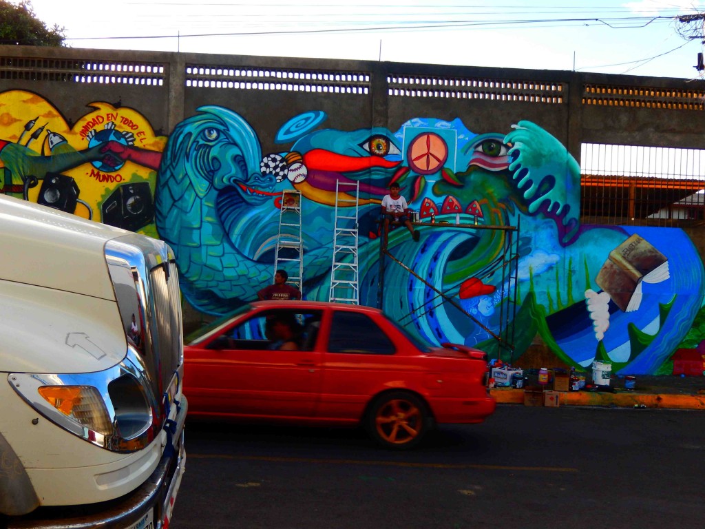 This mural was tall and required several ladders. 