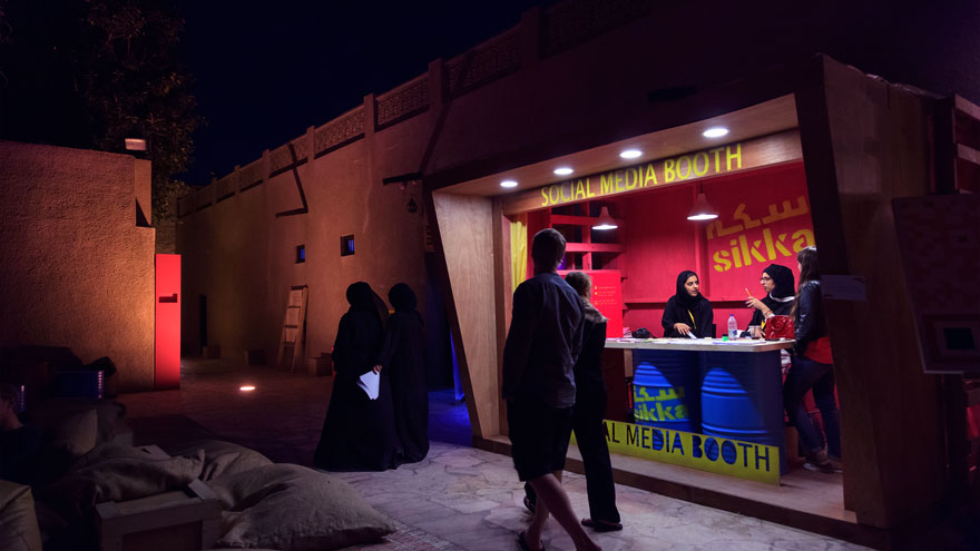 The social media booth at SIKKA Art Fair gives updates and news on the fair by posting on Instagram, Twitter, Facebook, and other social media channels /Courtesy of Dubai Culture.