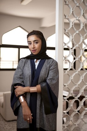 Zeinab Alhashemi, a Past Forward artist participates in the Qasr Al Hosn Festival with Link between Worlds, five abstract triangular shapes inspired by the sails that used to power dhows in and out of Abu Dhabi / Courtesy of Antonie Robertson, The National