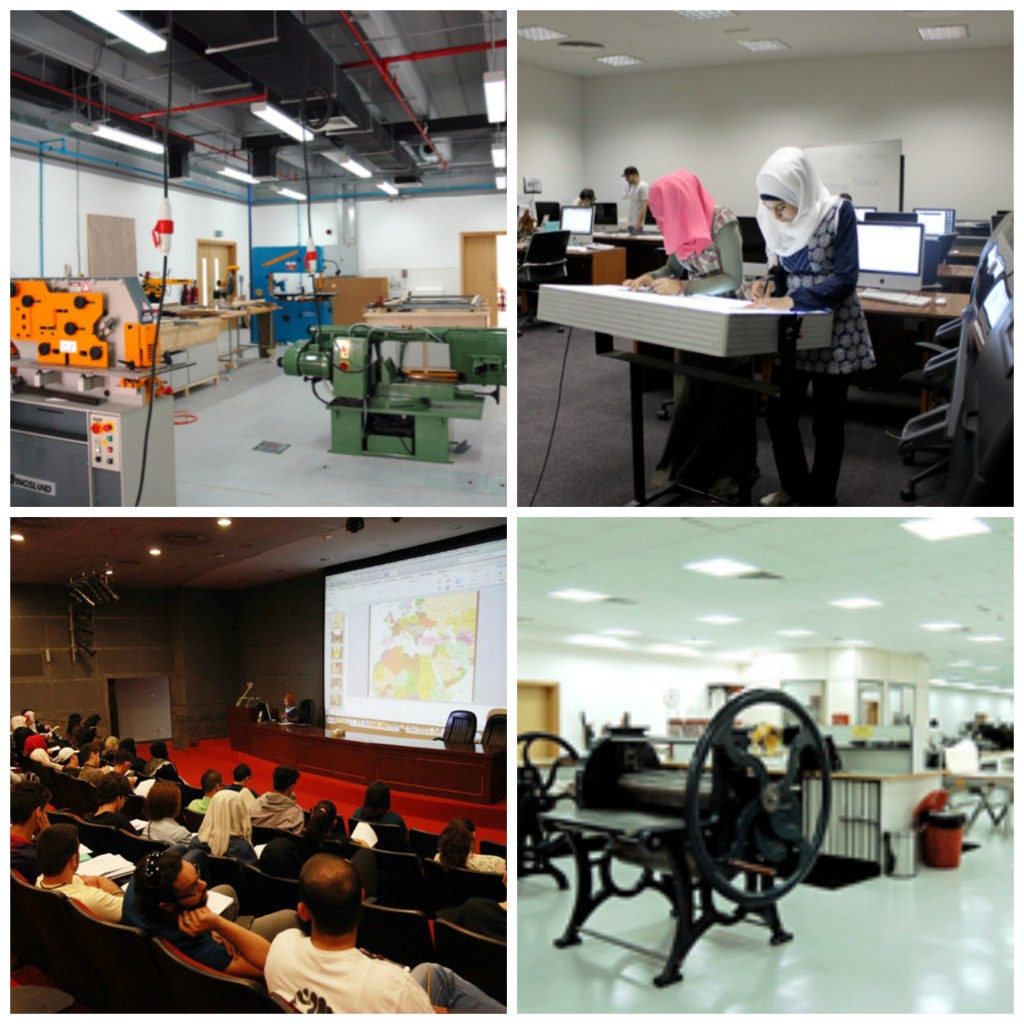 Facilities include a sculpture studio equipped with machinery for use with wood, metals, glass, and stone; a MAC lab for creating digital artwork; an auditorium for lectures, seminars, and film screenings; and one of the region’s most comprehensive educational printmaking workshops /Courtesy of Sharjah University.