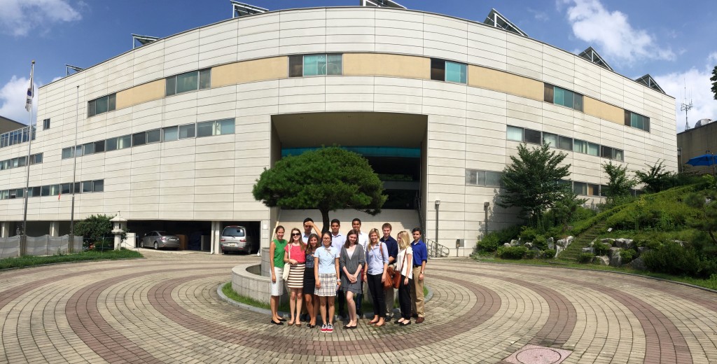 Participants in front of the main building at the high school for North Korean refugees. 