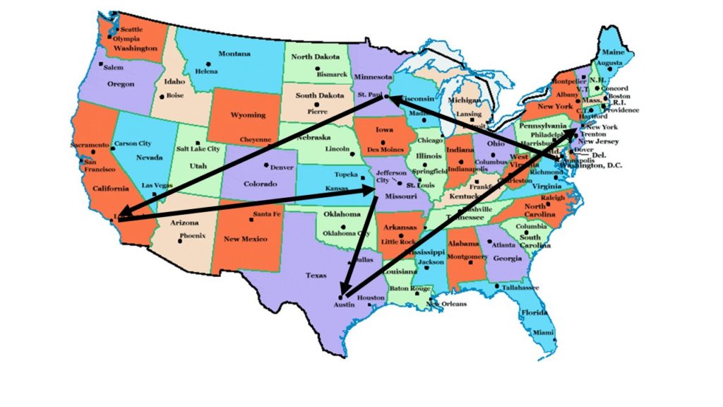 Travel itinerary (Read Washington, DC; Minneapolis, MN; Los Angeles, CA; Kansas City, MO; Austin, TX; and New York, NY)