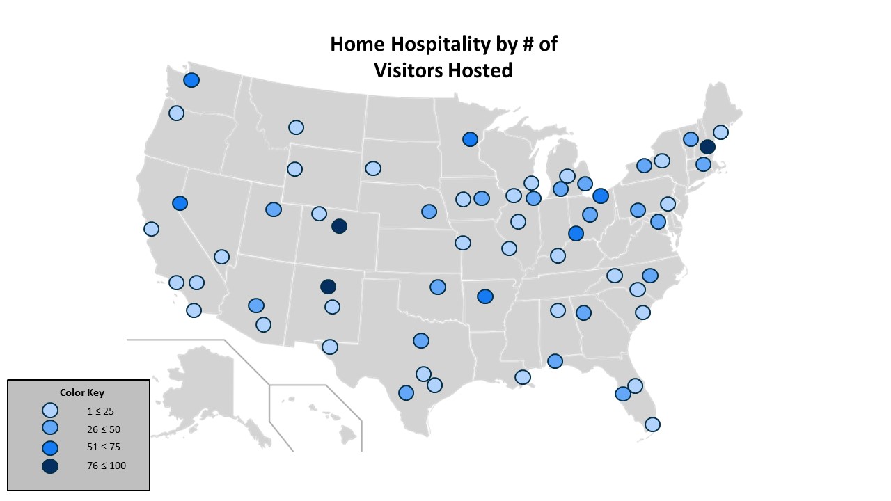 The “Color Key” represents the number of visitors participating in home hospitality. There are 63 cities listed.