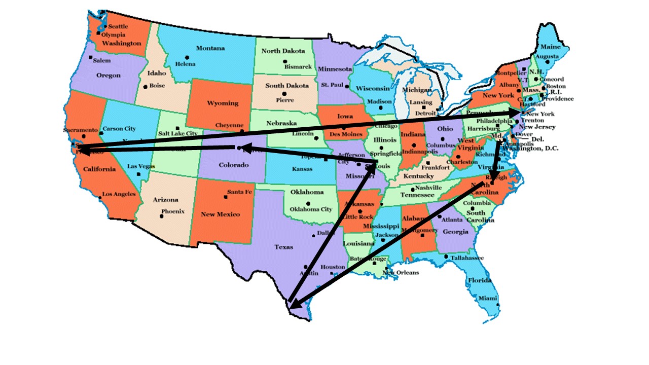 Travel itinerary (Read Washington, DC;Raleigh, NC; Laredo, TX; St. Louis, MO; Denver, CO; San Jose, CA; New York, NY)